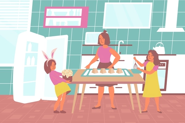 Easter bakery flat background with mother cooking cakes and daughters helping her vector illustration