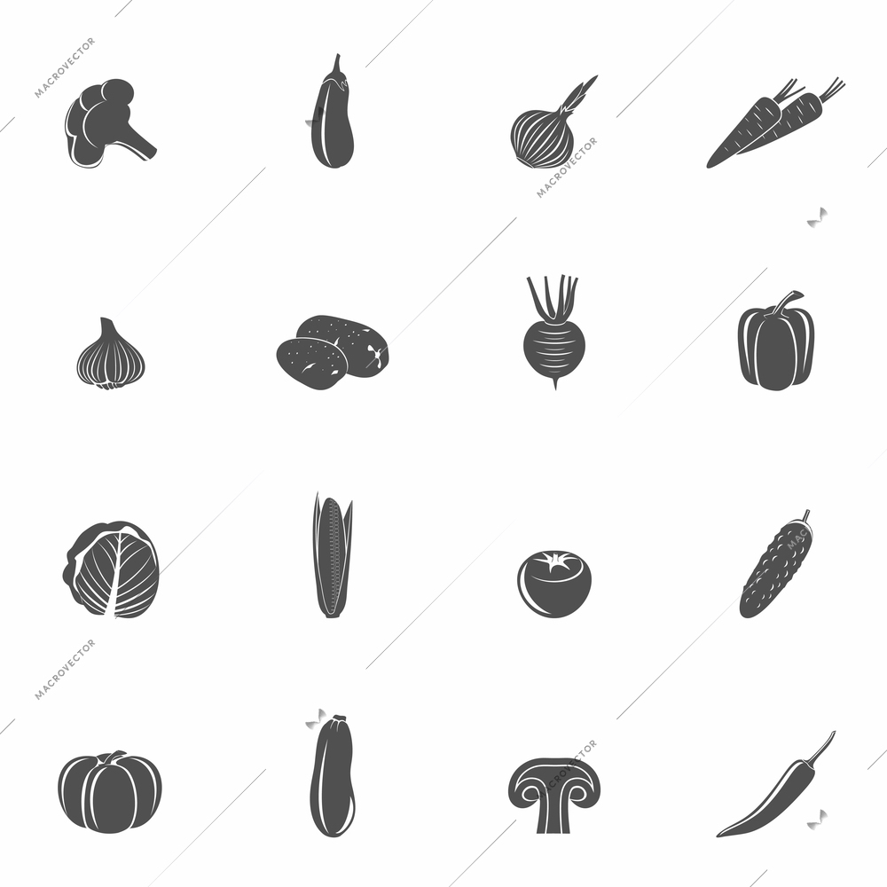 Food vegetables black set of eggplant potato paprika isolated vector illustration