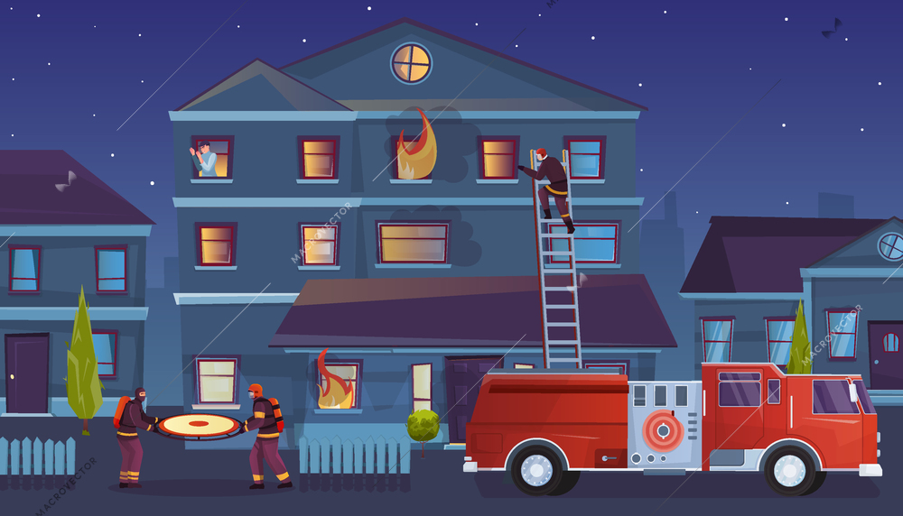 Firefighters flat composition with outdoor urban landscape and burning house with firefighting truck ladders and target vector illustration