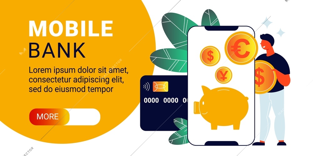 Mobile bank horizontal banner with editable text button and images of smartphone credit card and coins vector illustration