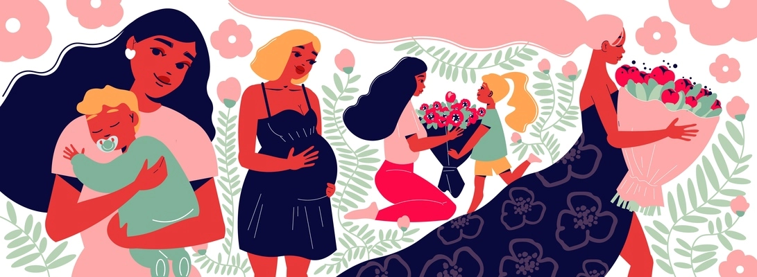 Mothers day composition of floral background with leaves flowers and characters of pregnant women with babies vector illustration