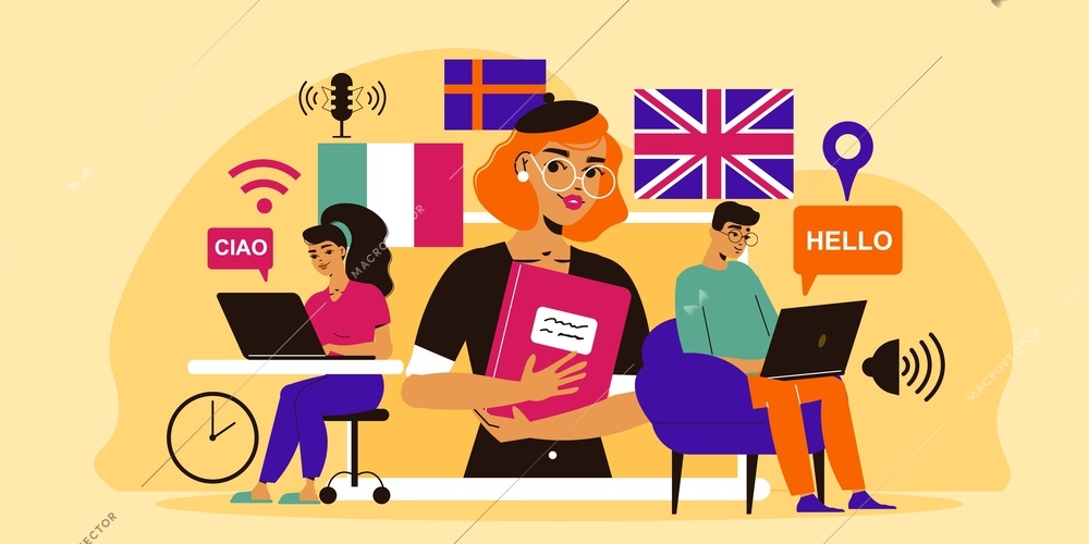 Language course school composition with characters of students with laptops and teacher with dictionary foreign flags vector illustration