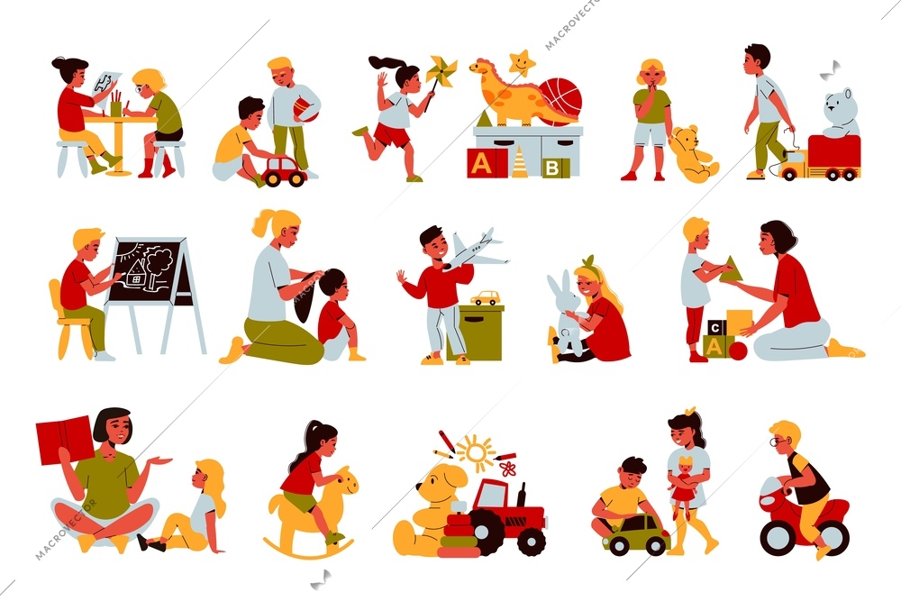 Kindergarten set of isolated icons with toys and characters of kids practicing with teacher playing games vector illustration
