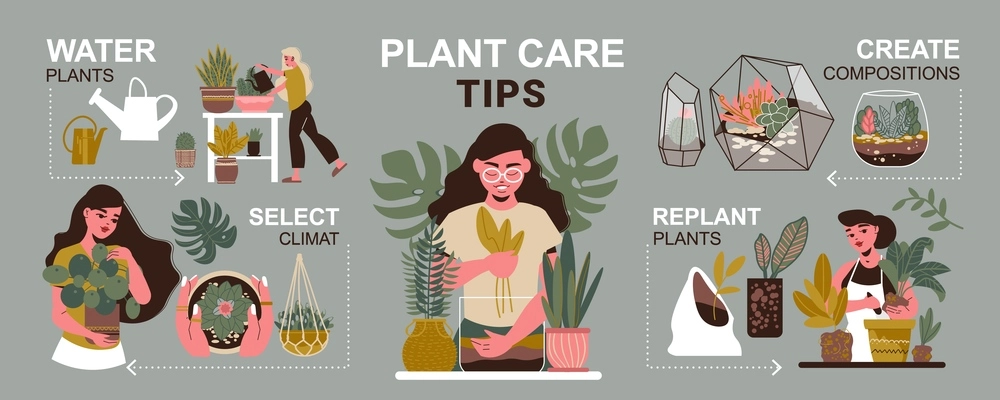 Home plants infographics with isolated images people caring for domestic plants with flowerpots and text captions vector illustration