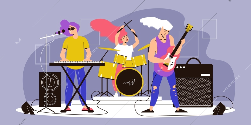 Musicians concert composition with view of stage with musical instruments with band members playing rock music vector illustration