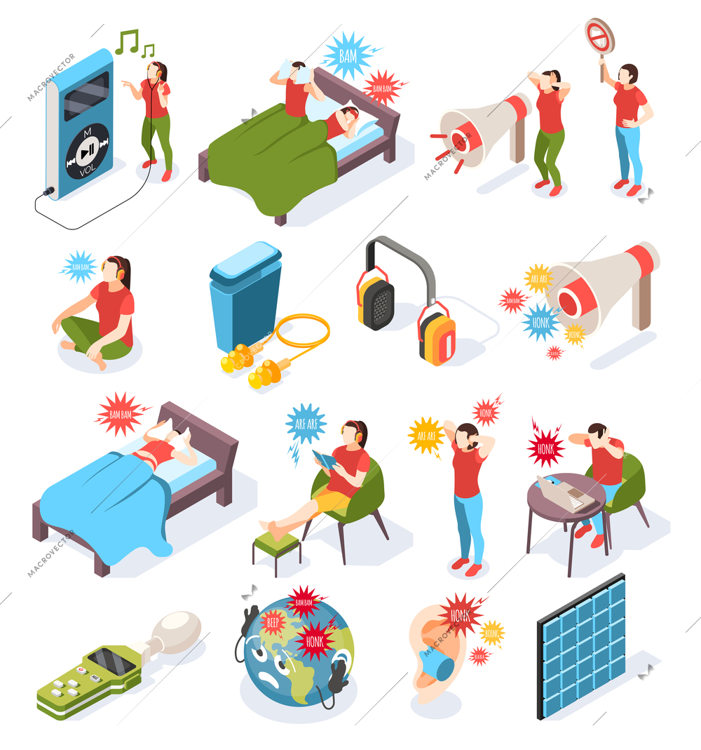 Noise pollution isometric icons set with night stress symbols isolated vector illustration
