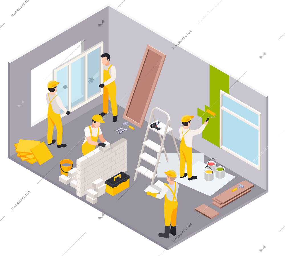 Renovation repair works isometric composition with living room maintenance scenery with workers group performing finishing operations vector illustration