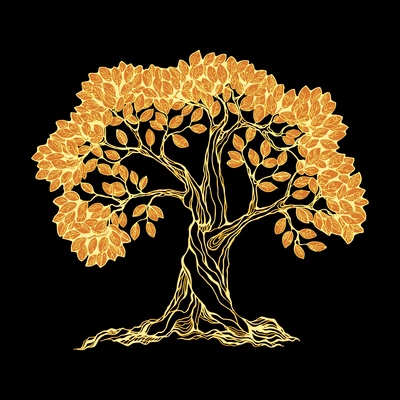 Golden tree on black isolated vector illustration