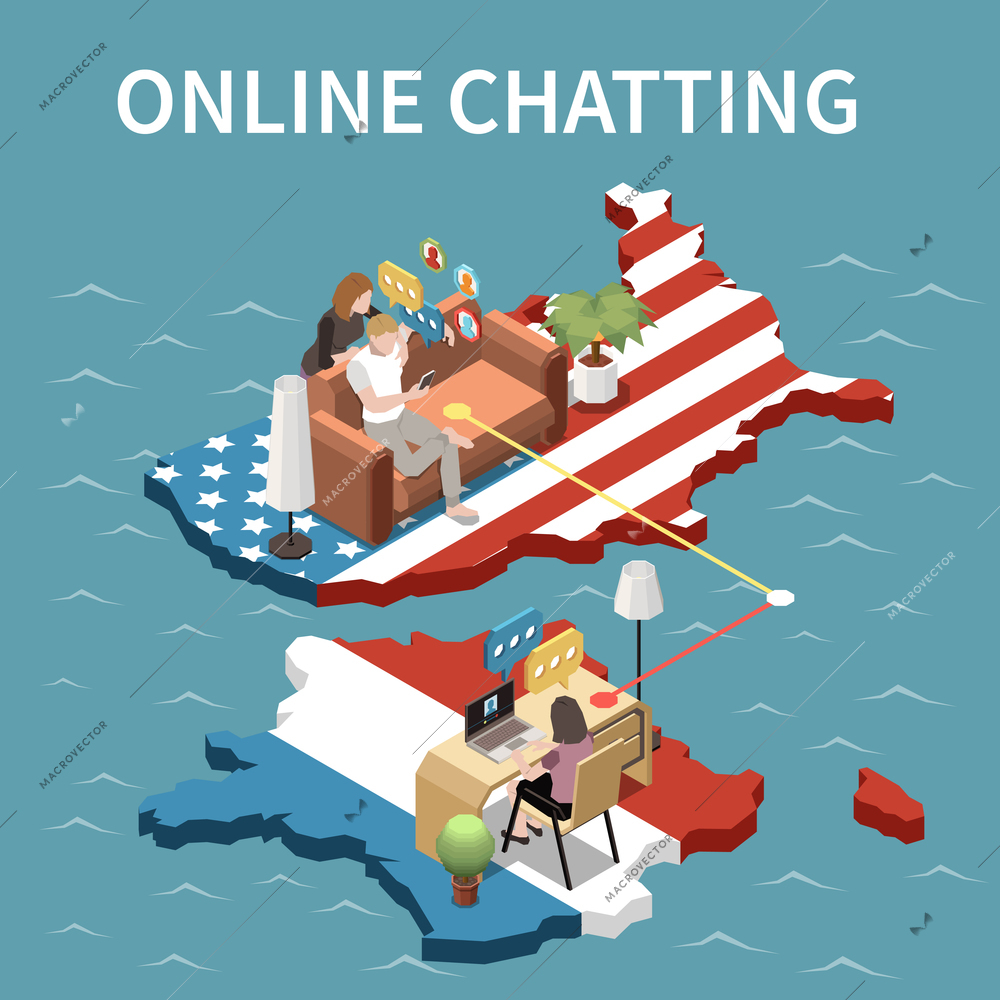 Online chatting between young people living in russia and usa isometric poster vector illustration