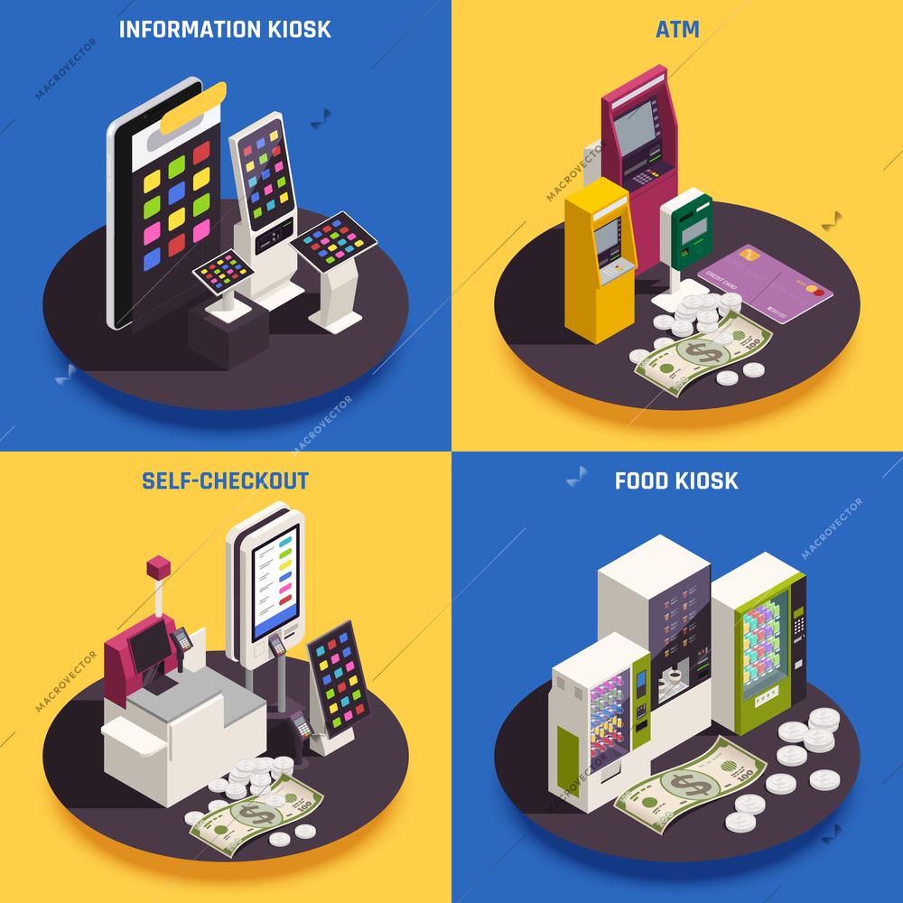 Atm self checkout information and food kiosk with interactive interfaces isometric design concept 3d isolated vector illustration