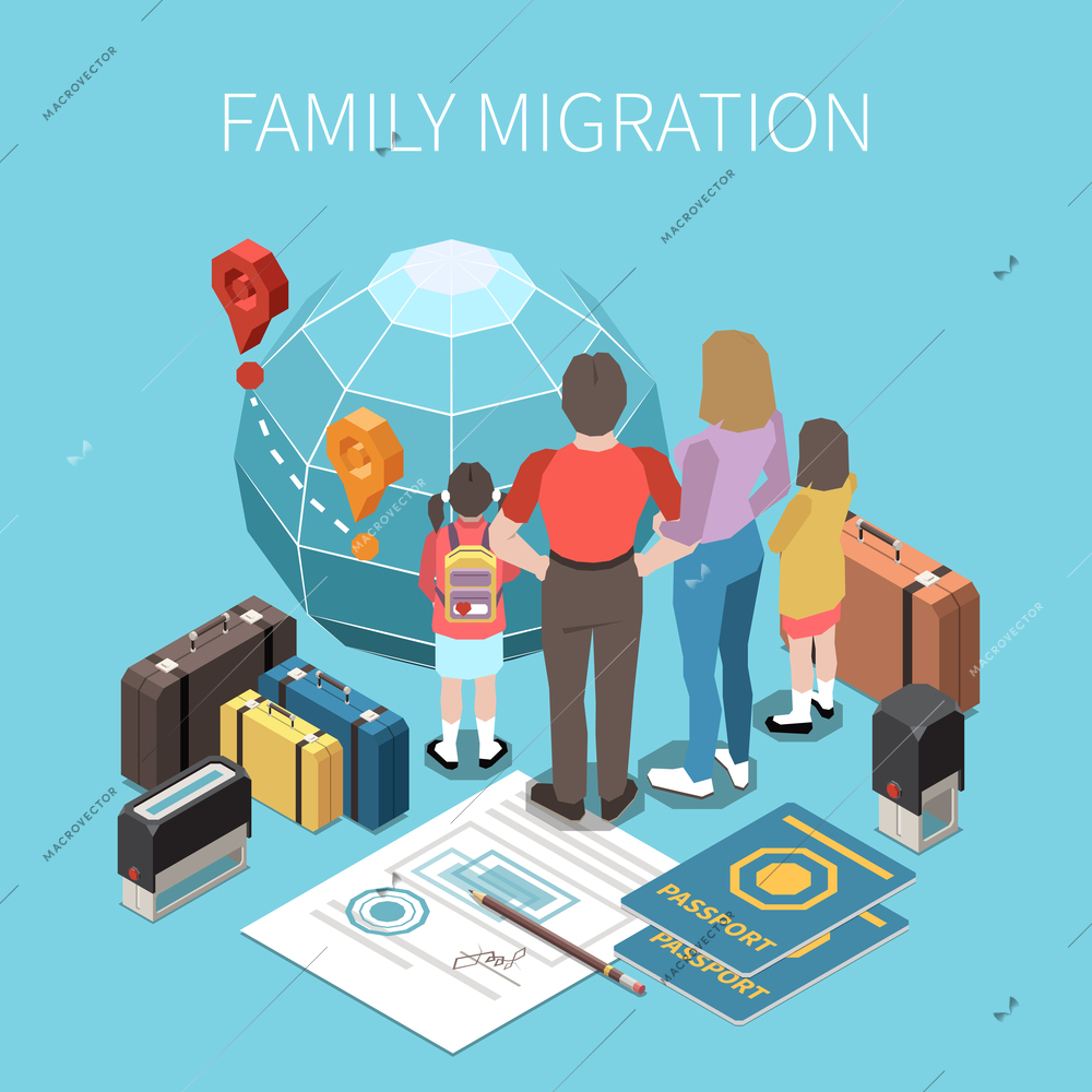 Population mobility migration displacement isometric composition with characters of parents with children passport documents and suitcases vector illustration