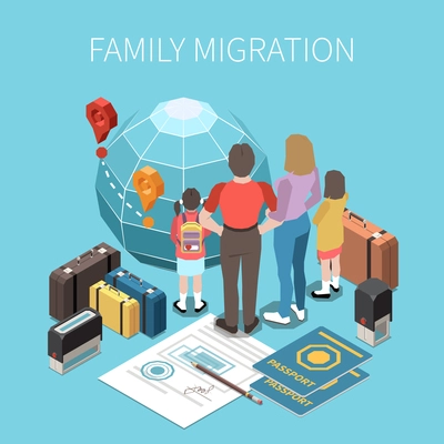 Population mobility migration displacement isometric composition with characters of parents with children passport documents and suitcases vector illustration