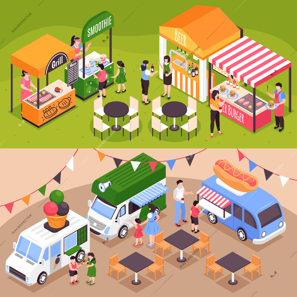 Set of two horizontal food court fair banners with isometric images of outdoor seats and stalls vector illustration