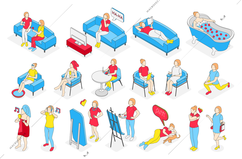 Self care concept isometric recolor icon set with woman and her home affairs in light blue and red vector illustration