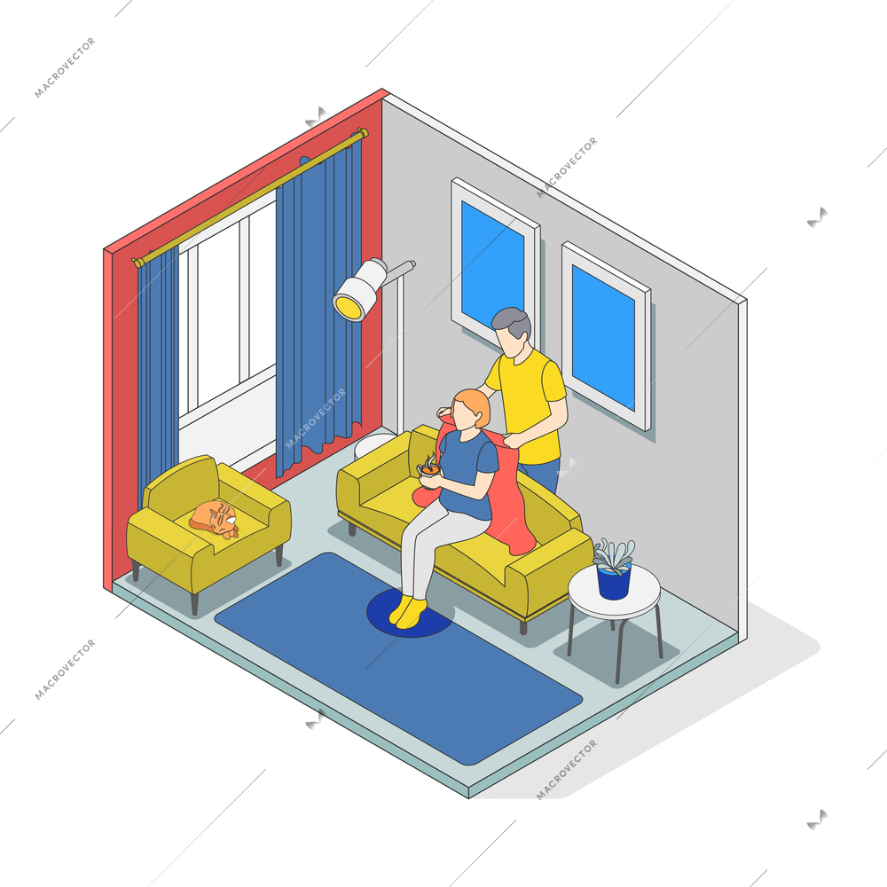 Hygge lifestyle isometric composition with couple at home and he covers her with a blanket vector illustration