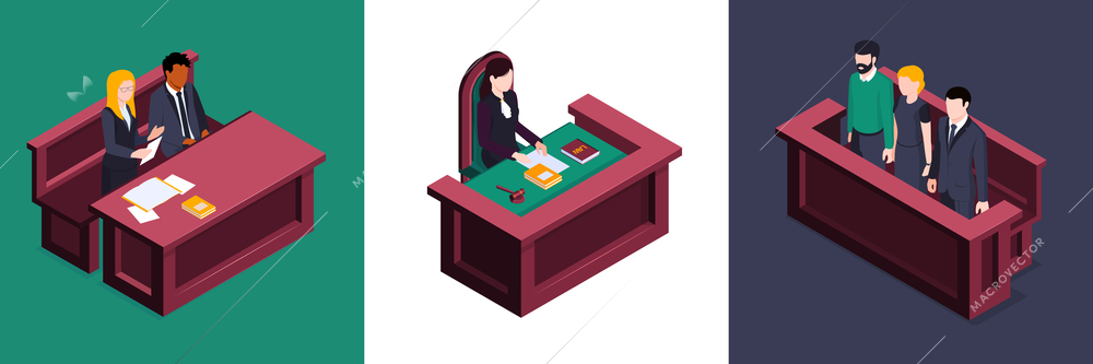 Isometric justice law design concept with square compositions of trial participants on tribunes with judge attorneys vector illustration