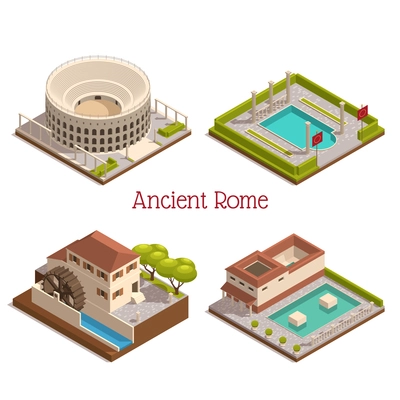 Ancient rome landmarks 4 isometric composition  with colosseum forum tabularium columns ruins  wooden watermill wheel vector illustration