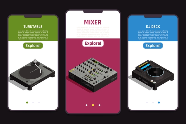 DJ tools online 3 isometric mobile smartphones screens set with turntable mixer deck equipment info vector illustration