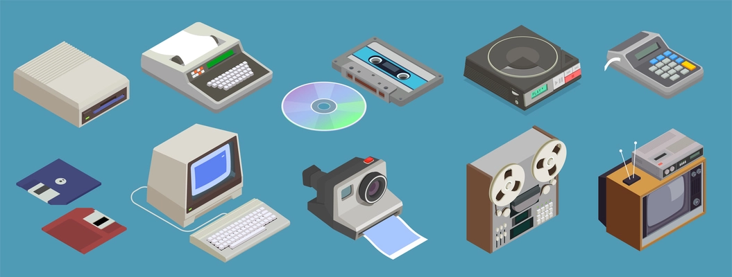 Set with isometric icons of retro devices with isolated images of tv sets tape and computers vector illustration