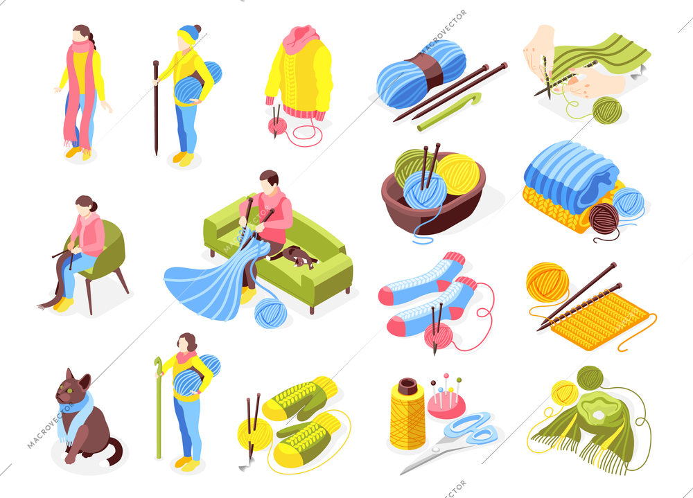 Knitting isometric icons set with hobby symbols isolated vector illustration