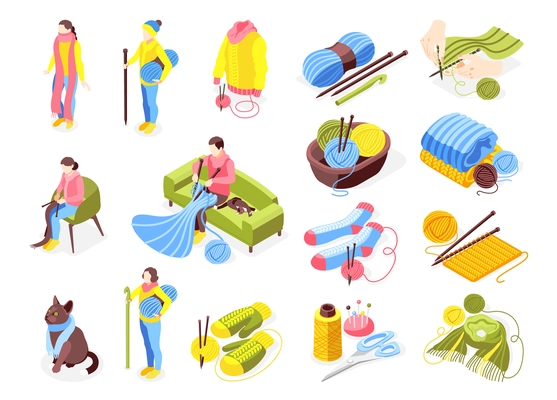 Knitting isometric icons set with hobby symbols isolated vector illustration