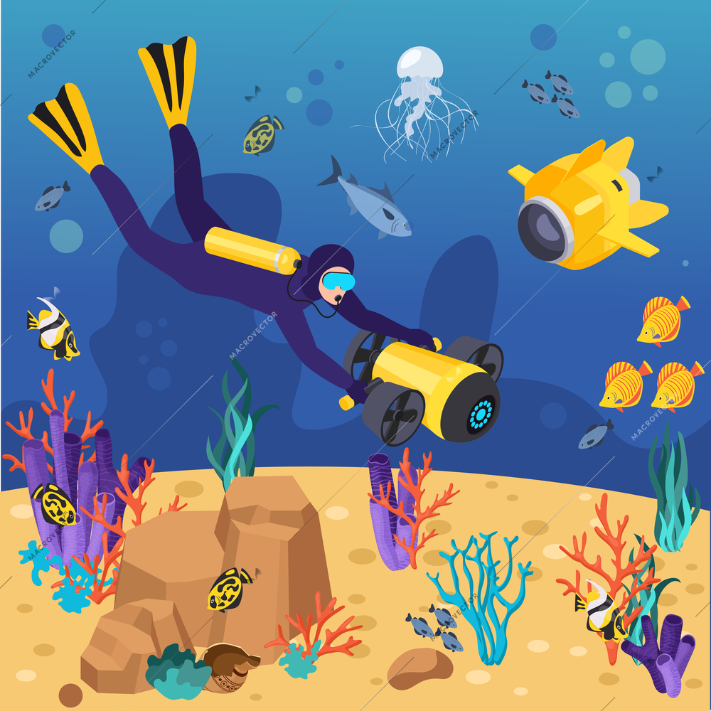 Underwater vehicles machines equipment isometric composition diver explores the seabed with underwater equipment vector illustration