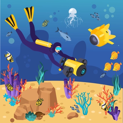 Underwater vehicles machines equipment isometric composition diver explores the seabed with underwater equipment vector illustration
