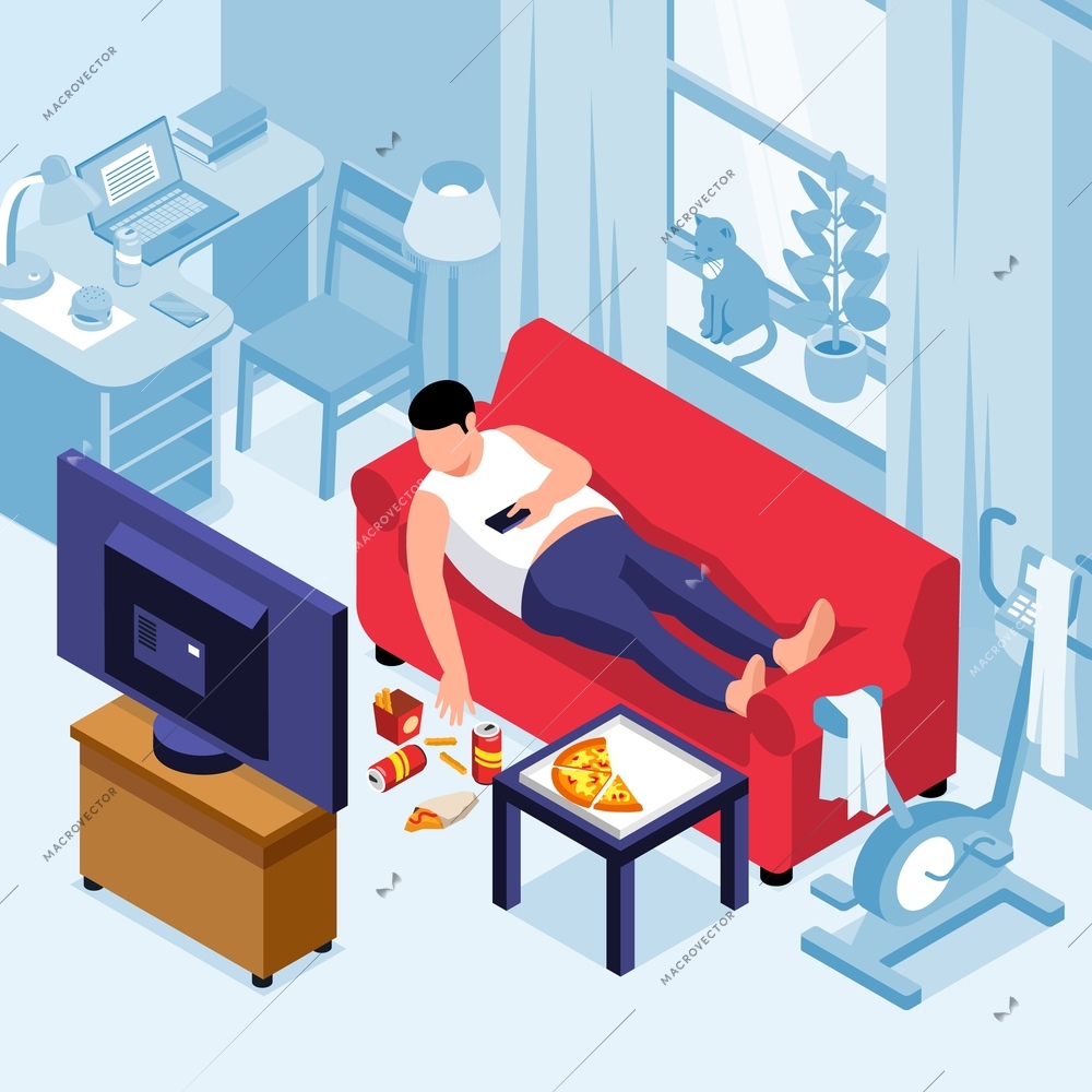 Isometric obesity composition with indoor view of living room with tv set and man on sofa vector illustration