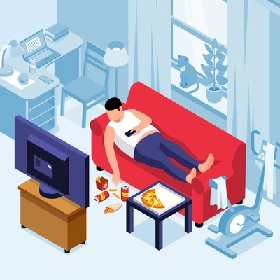 Isometric obesity composition with indoor view of living room with tv set and man on sofa vector illustration