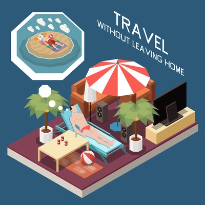 Travel without leaving home isometric concept with man in swimming trunks lying on lounge in room 3d vector illustration