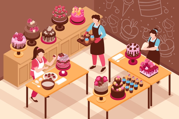 Homemade cake isometric background with women decorating prepared desserts by creme and  berries vector illustration