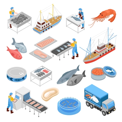 Fishing production isometric set of vessels sea food delivery truck conveyor for processing fish products isolated vector illustration