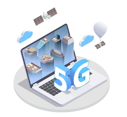 5g high speed internet isometric composition with round platform and image of laptop with 5g icons vector illustration