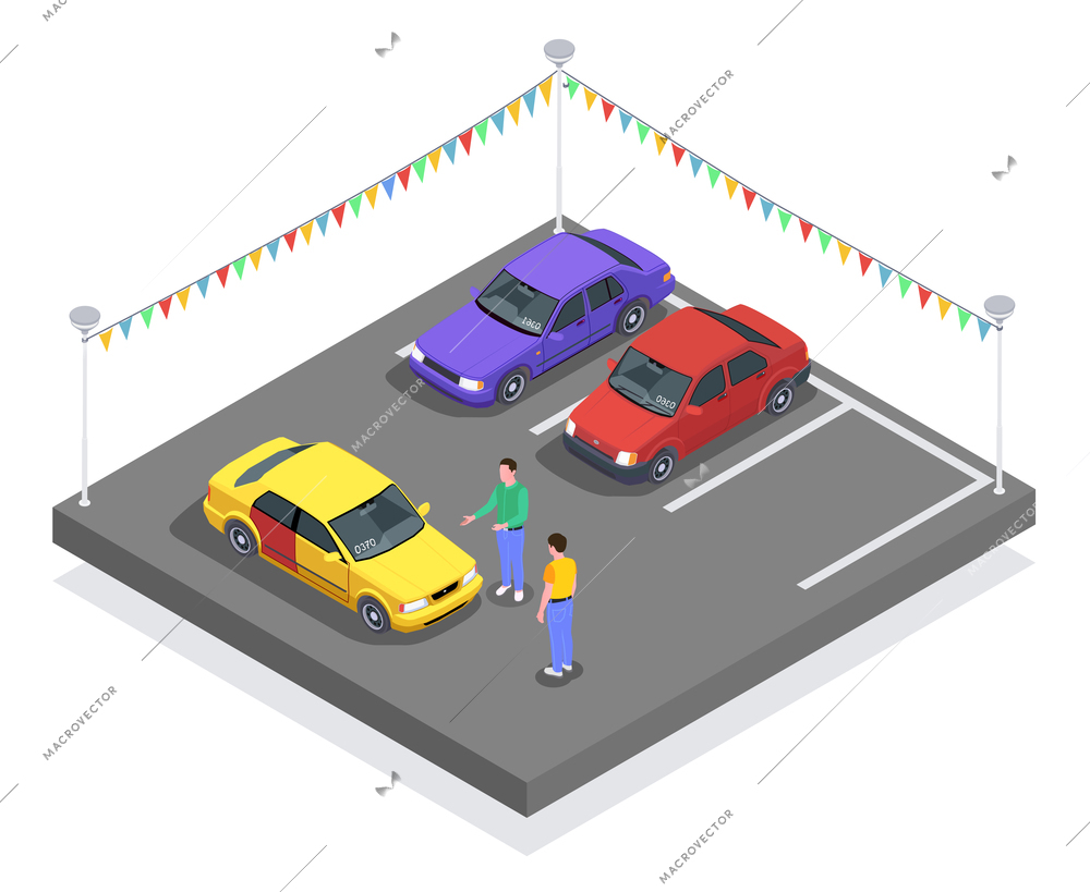 Car ownership usage isometric composition with cars at parking lot and characters of seller and buyer vector illustration