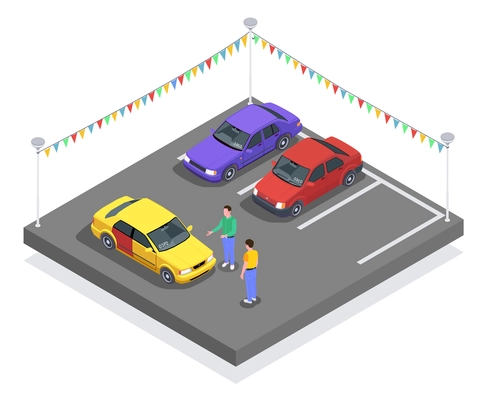 Car ownership usage isometric composition with cars at parking lot and characters of seller and buyer vector illustration