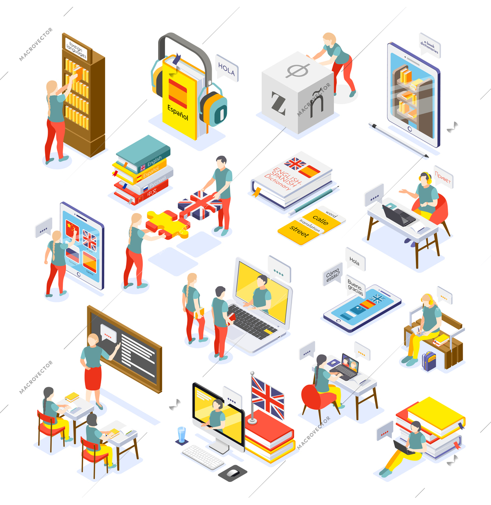 Language courses online smartphone pc tablet electronic library dictionary personal tutor school lessons isometric set vector illustration