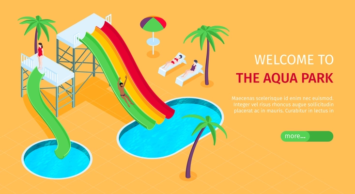 Aquapark website isometric composition with water slides pools palms horizontal sand color background web banner vector illustration