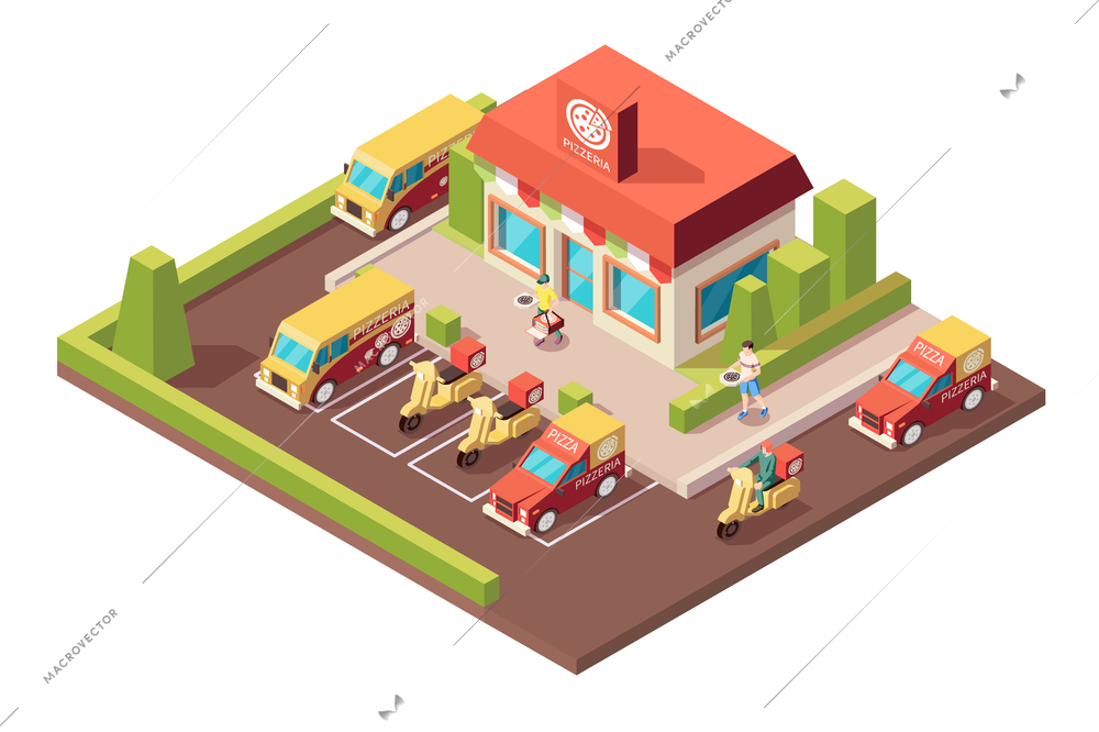 Pizza production pizzeria isometric composition with outdoor view of pizza house with delivery cars and motorbikes vector illustration