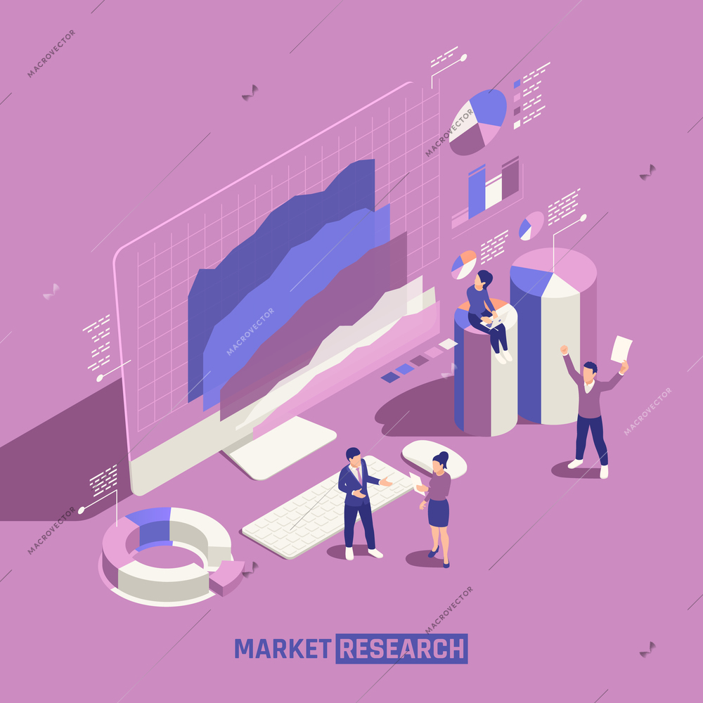 Market research background with people examining graphic lines bar and pie graphs isometric vector illustration