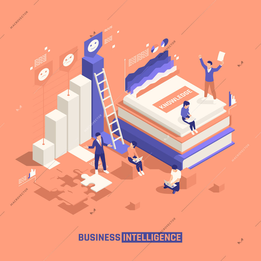 Business intelligence isometric background with group of creative staff characters puzzle game elements and tutorials vector illustration