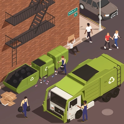 Garbage removal isometric background with male persons in uniform loading waste into truck from containers vector illustration