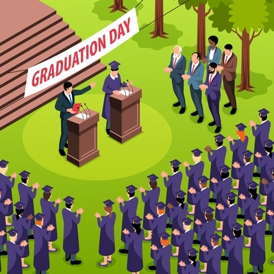 Isometric graduation composition with crowd of students in hats and speakers at tribunes with text placard vector illustration
