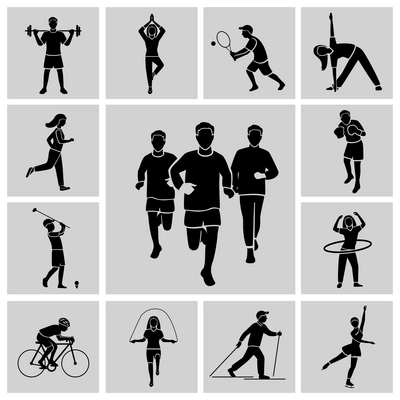 Sport professional and leisure people activities black icons set isolated vector illustration