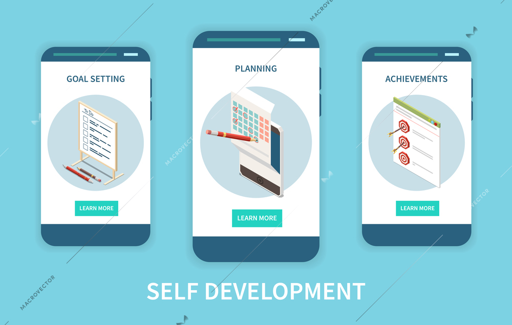 Personal growth self development vertical banners set with isometric icons of planning achievements and goals list vector illustration