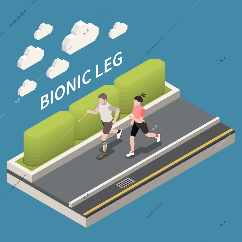 Technology for disabled people isometric composition with text and view of park lane with running people vector illustration