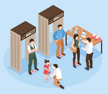 Infection prevention concept with temperature measurement for access symbols isometric vector illustration