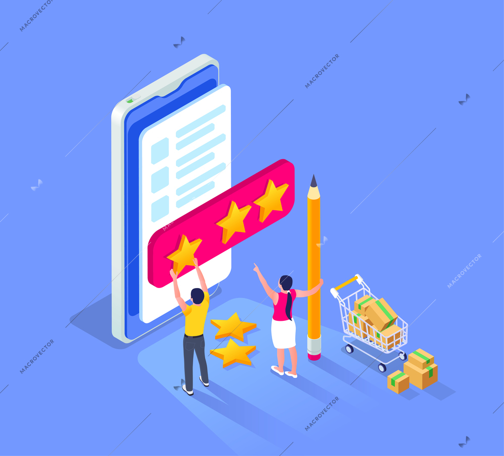 Online sale outlet isometric composition with smartphone and small human characters setting rating stars for seller vector illustration