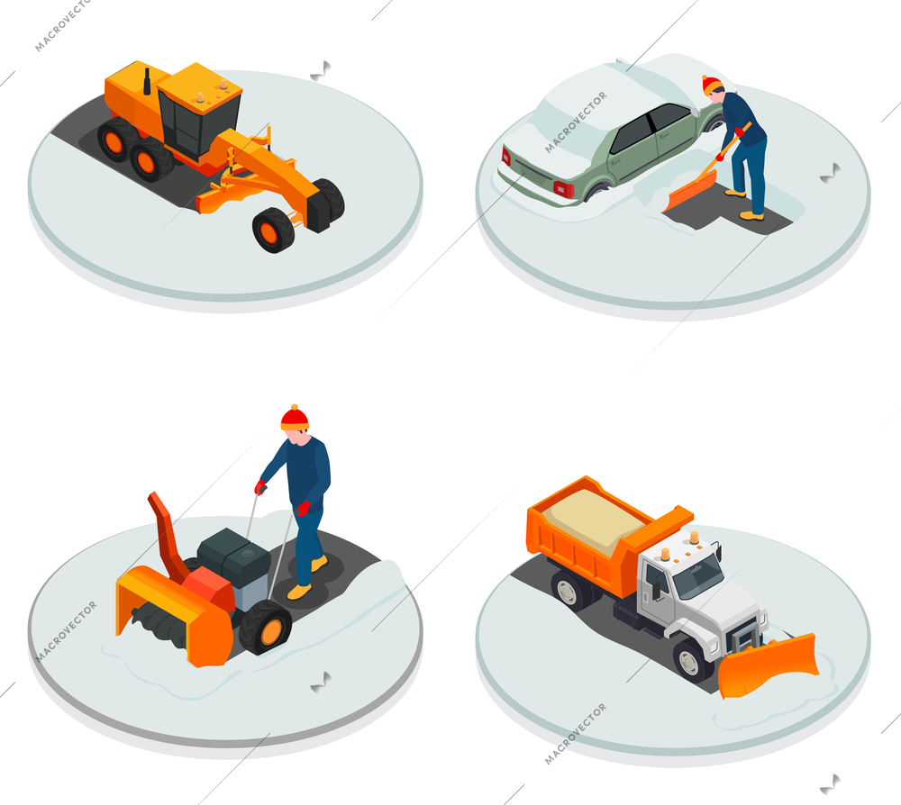 Snow cleaning machinery isometric 2x2 design concept set of shovel handle snowplow and industrial transport for snow removal isometric vector illustration