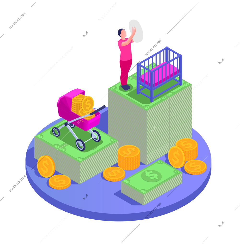Social security unemployment family benefits isometric composition with circle platform mother with child and money icons vector illustration