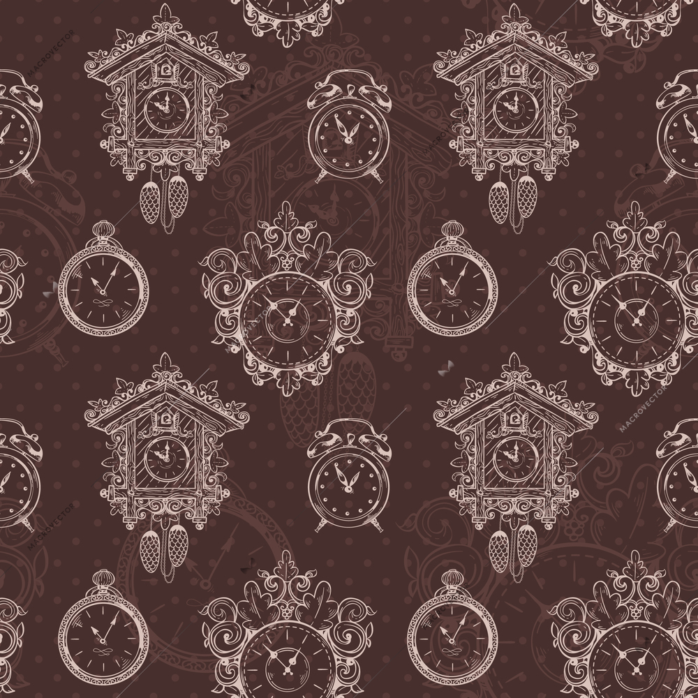 Old sketch vintage clock and watches on dark background seamless pattern vector illustration